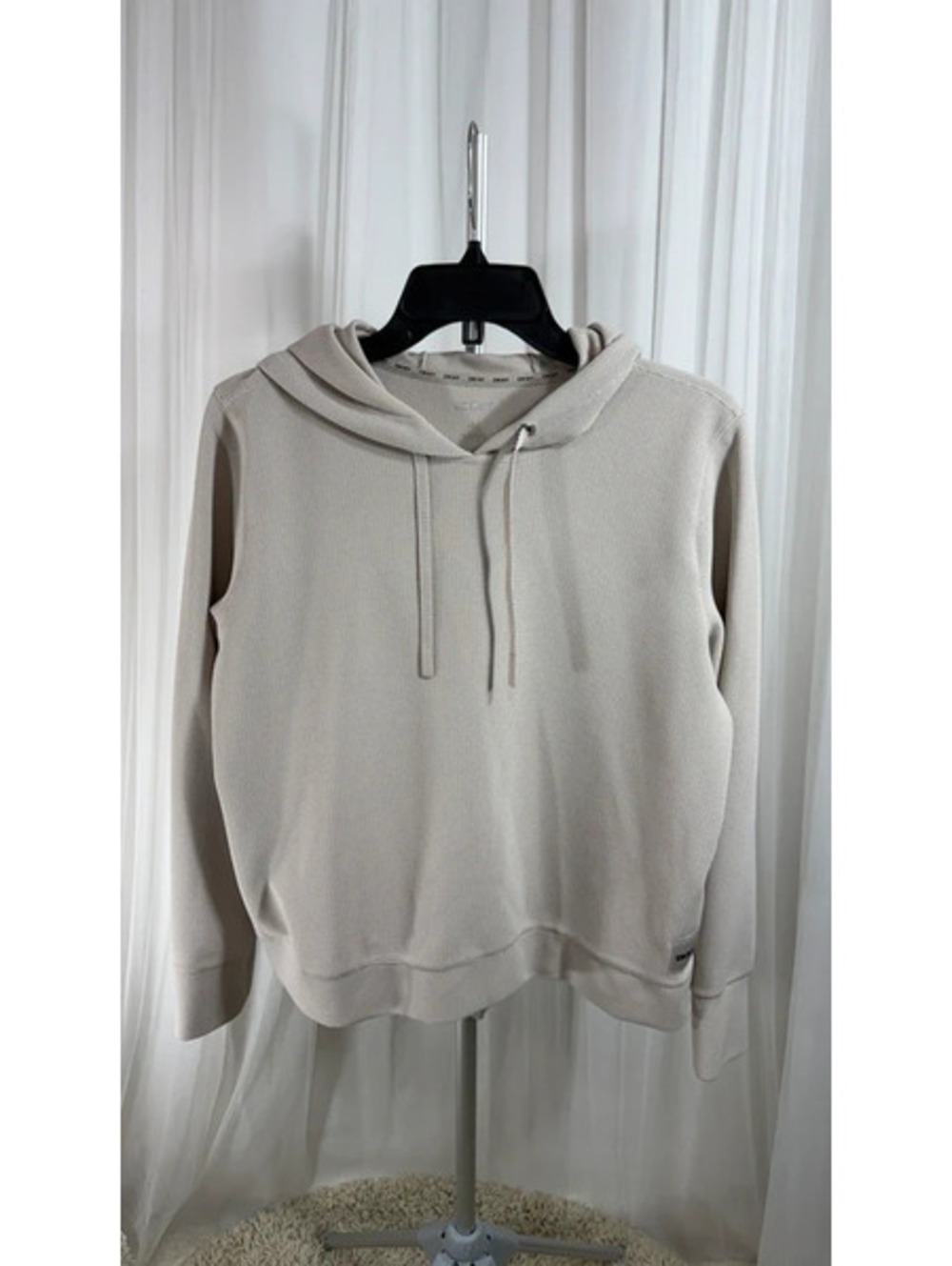 DKNY Waffle Knit Hoodie Cream Stone Drawstring Pullover Athleisure 851